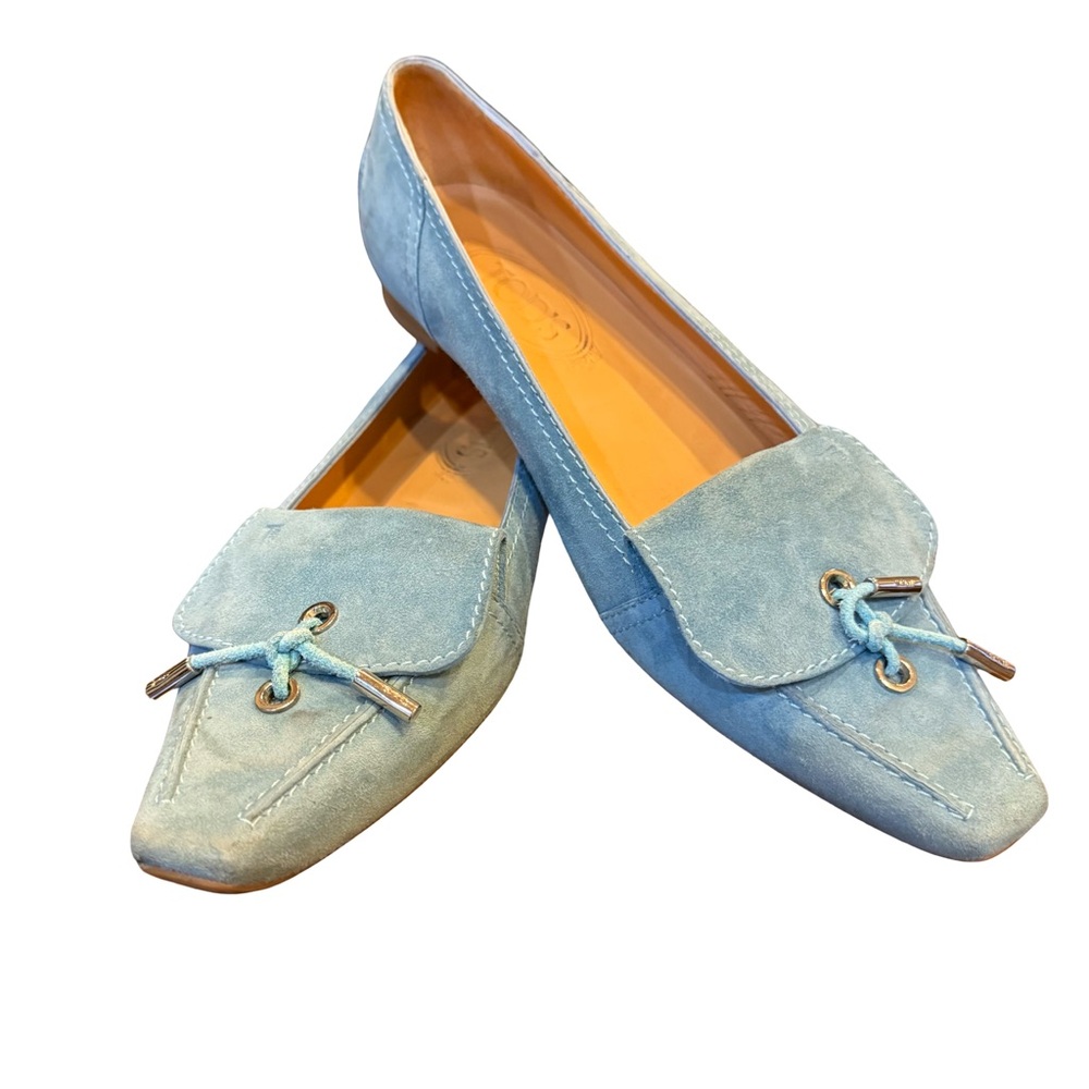 Tod's Women’s Sea foam Blue Suede Square Toe Loafers sz 9.5